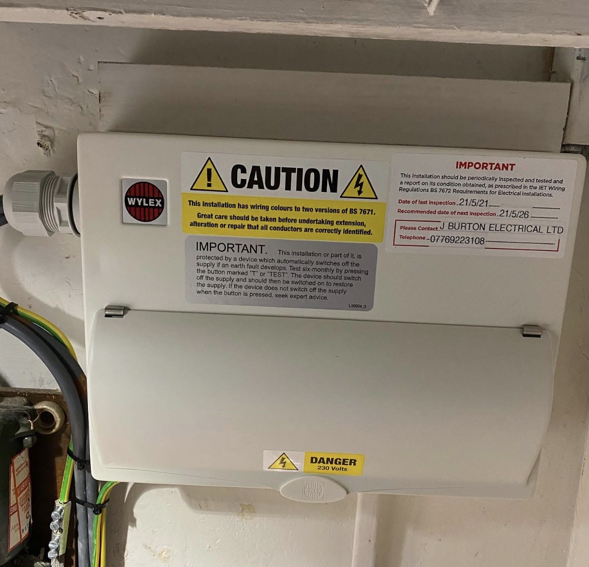 Electrical inspection label from J Burton Electrical LTD